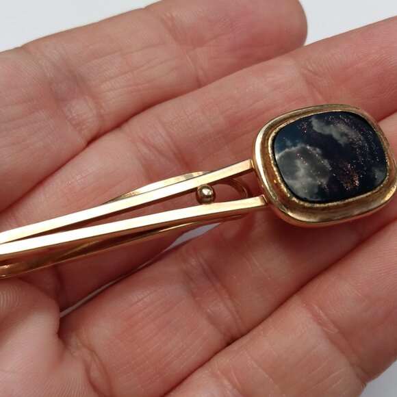 Vintage Tie Bar Clip Slide Gold Tone Black Sparkle Dapper - Picture 8 of 9